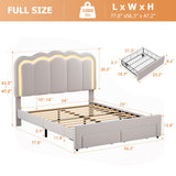 Full Upholstered LED Bed Frame with 2 Storage Drawers and Adjustable Chic Double Wavy Headboard, Velvet Prince Platform Bed with Charing Station, Solid Wood Slats Support,No Box Spring Needed,Grey Jocoevol