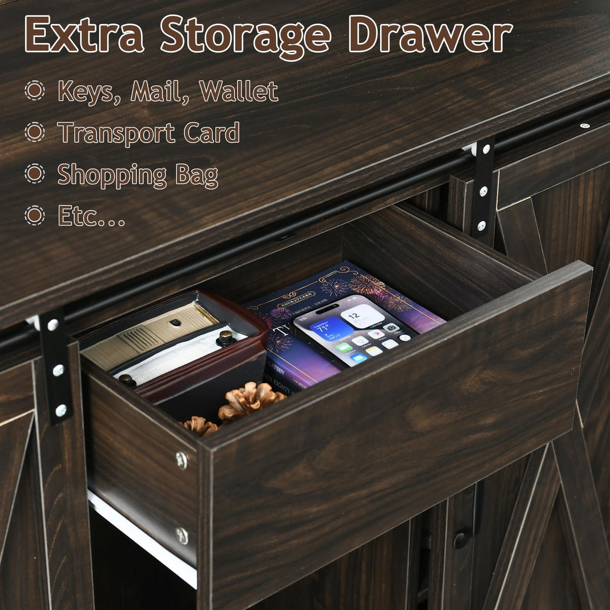 4ever2buy Farmhouse Hall Tree with Storage, 42 Inch Wide Entryway Bench with 2 Sliding Barn Doors, Brown Tall Hall Tree with Coat Rack & Shoe Storage for Living Room 4ever2buy