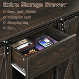 4ever2buy Farmhouse Hall Tree with Storage, 42 Inch Wide Entryway Bench with 2 Sliding Barn Doors, Brown Tall Hall Tree with Coat Rack & Shoe Storage for Living Room 4ever2buy