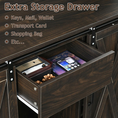 4ever2buy Farmhouse Hall Tree with Storage, 42 Inch Wide Entryway Bench with 2 Sliding Barn Doors, Brown Tall Hall Tree with Coat Rack & Shoe Storage for Living Room 4ever2buy