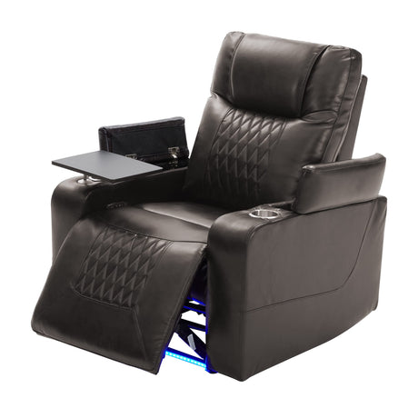 Merax Electric Recliner Chair with USB Charge Port, 360 Swivel Tray Table, Hand in-Arm Storage, and Cup Holders, Ambient Lighting - Ambient Lighting Gaming Recliner Chair Home Theater Seating (Brown) Merax