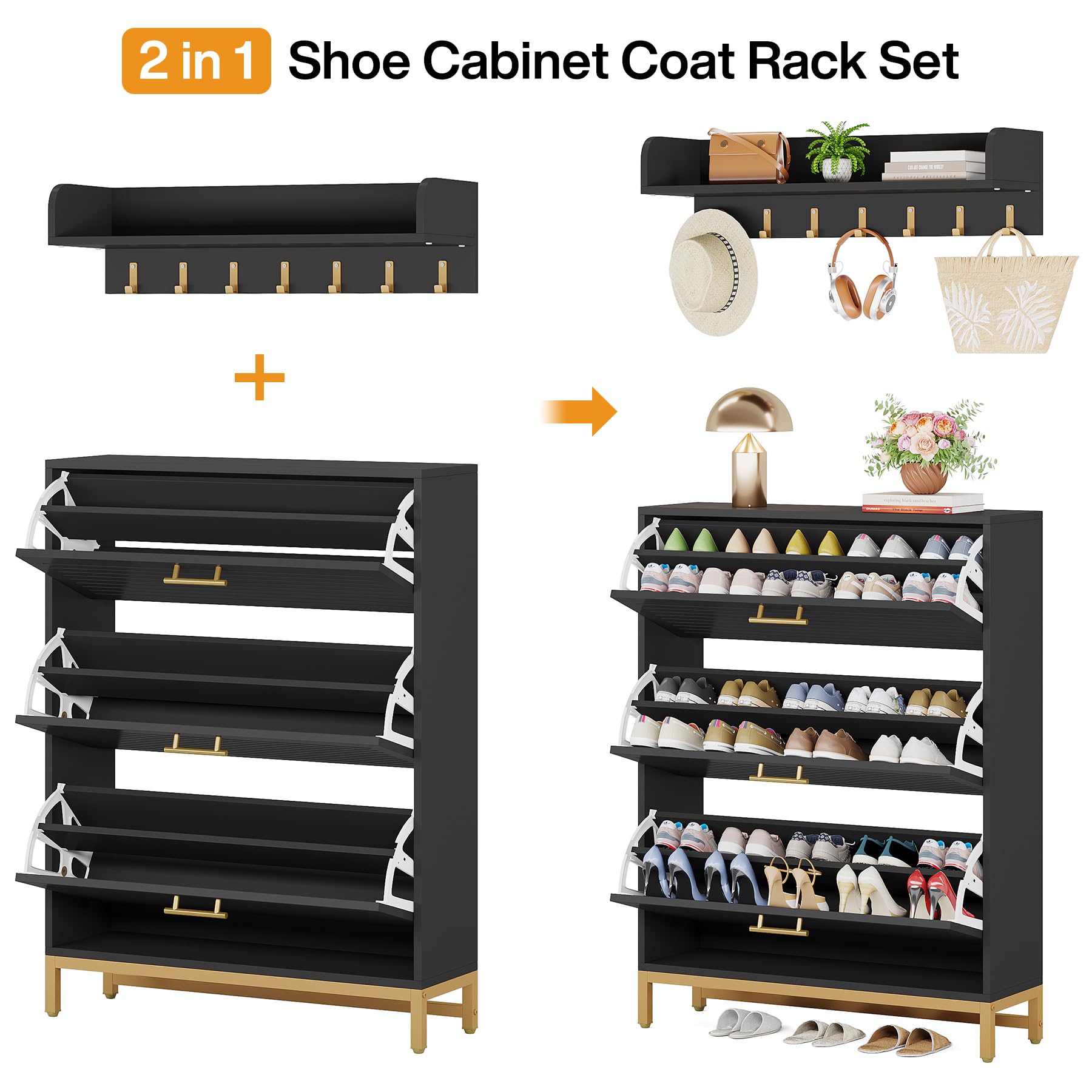 Tribesigns Shoe Cabinet, Freestanding Shoe Storage Cabinet with Wall Mount Coat Rack, Modern Shoes Organizer Cabinets with 3 Flip Drawers, Shoe Rack Cabinet for Entryway Living Room (Black) - WoodArtSupply