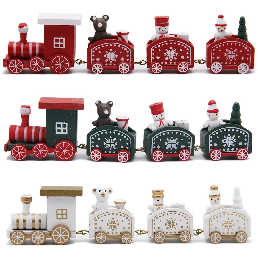 Happy Trees 3 Pcs Wooden Mini Train Decor Set for Christmas Party, Snowman Ornament Gift Home Decoration Happy Trees