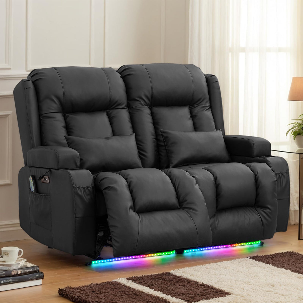 TUNYI Power Loveseat Recliner Sofa - Home Theater Seating with Massage & Heat Faux Leather RV Recliner Loveseat Sofa with USB/Cup Holder/Side Pocket/LED Light/Pillow (Black) TUNYI