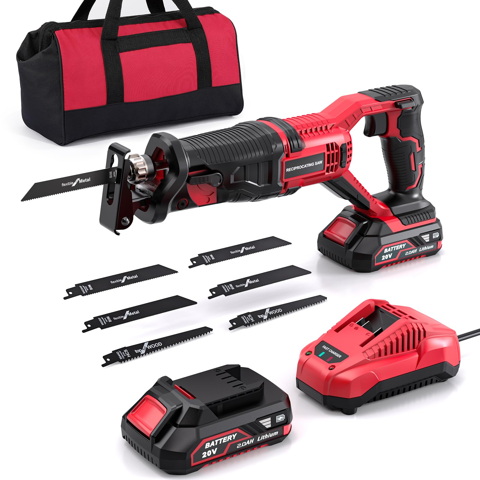 Reciprocating Saw Cordless, 20V Power Reciprocating Saw with Battery and Charger, 3000SPM Compact Reciprocating Saw with 6 Tool-Free Blades for Wood & Metal Cutting (1PC Battery) - WoodArtSupply