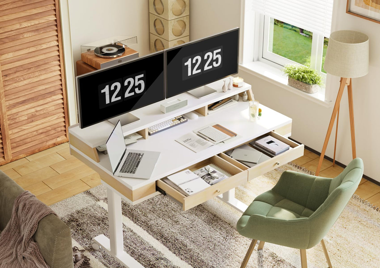 Claiks Standing Desk with Drawers, Electric Adjustable Standing Desk Adjustable Height, Sit Stand Up Desk with Storage Shelves & Wheels, 55 Inch White Claiks