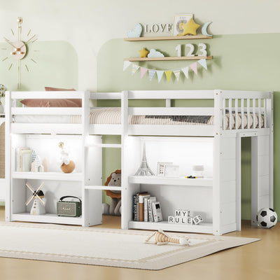 Luckiofvonne Twin Size Low Loft Bed with Storage Shelves and LED Light