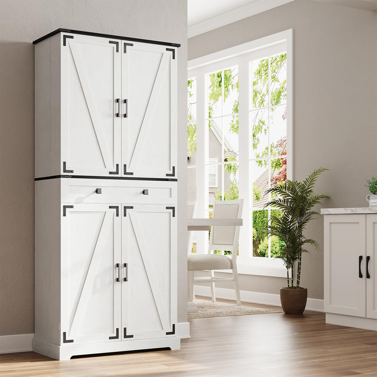 ELYKEN 72" Tall Pantry Cabinet for Kitchen, White Kitchen Storage Cabinet with Slide Out Rack & 8 Door Organizer, Farmhouse Wood Tall Freestanding Cupboard for Dining Room Living Room ELYKEN