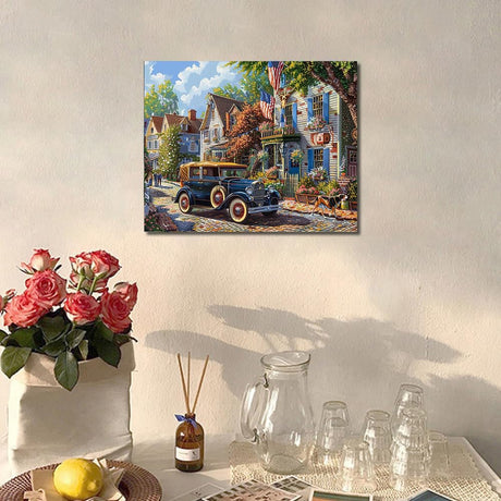 American Style Towns Paint by Numbers for Adults American Town Landscape DIY Paint by Numbers Acrylic Paint Canvas Vintage Classic Cars Dog Painting Kits Leisurely Vacation Art 16x20 Inch（Frameless） Generic
