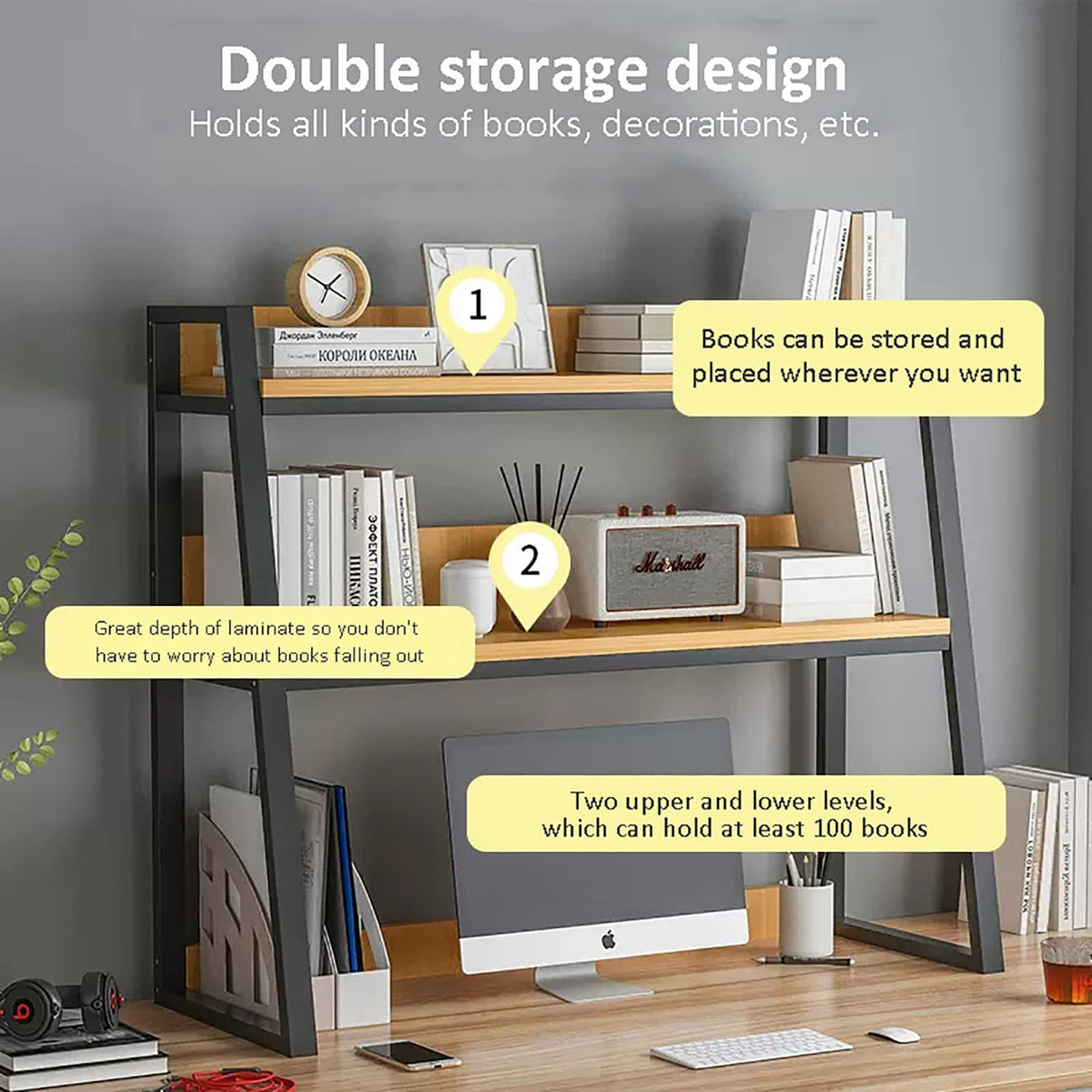 QQXX White 2-Tier Desktop Bookshelf and Organiser for Computer Desk QQXX