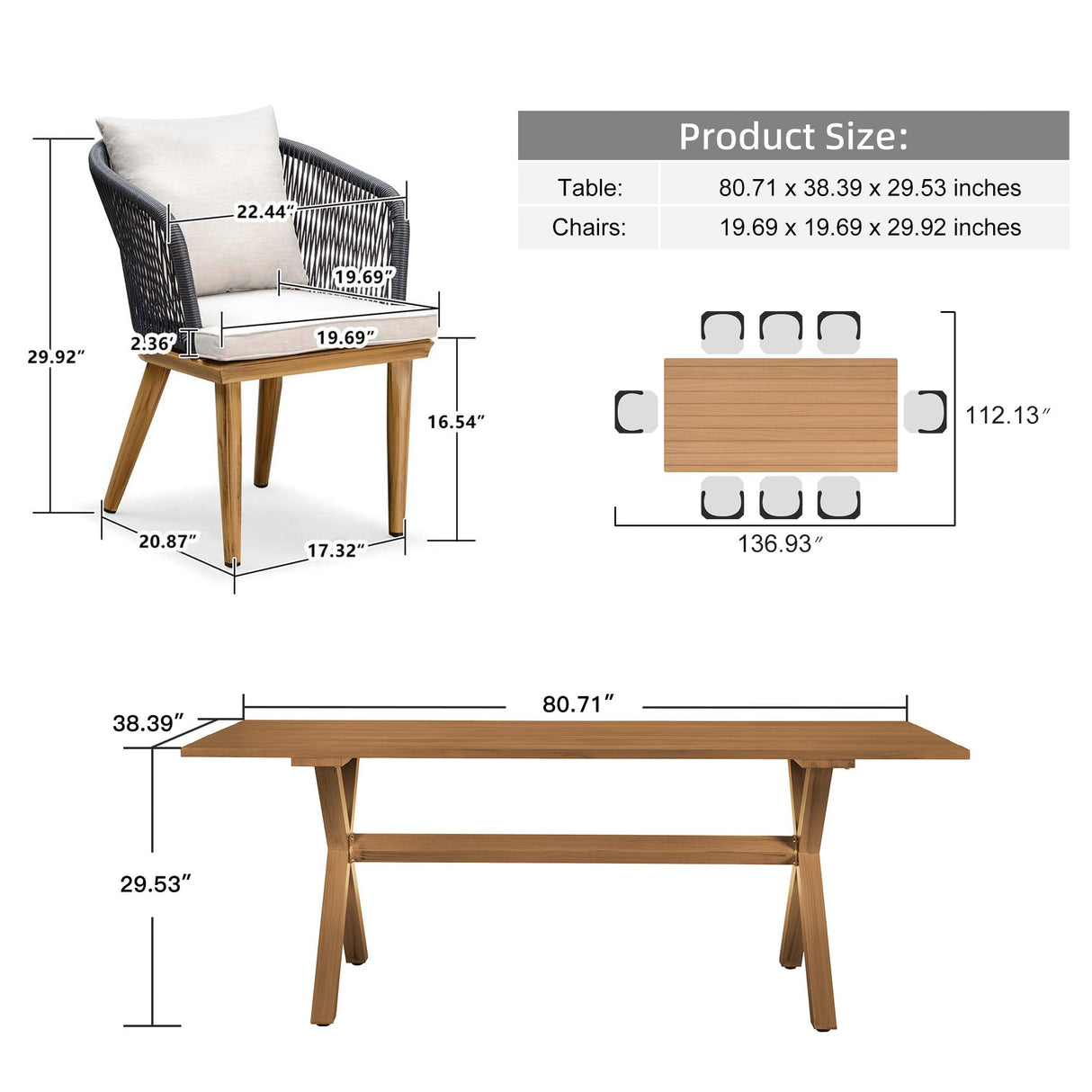 PURPLE LEAF 9 Pieces Patio Dining Set Wicker Outdoor Furniture Rectangular Table and Chairs Set for Garden Deck Teak-Finish Aluminum Frame Backyard Kitchen Set, Cushions and Pillows Included PURPLE LEAF