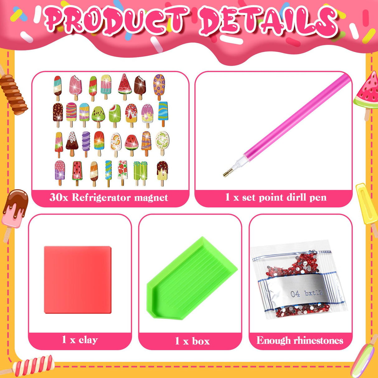 Remuuly 30 Pcs Diamond Painting Magnets Summer Diamond Art Magnet Kits for Adults Spring Flower Animal Cupcake 5D Rhinestones Refrigerator Magnetic Stickers for Fridge DIY Crafts Gifts(Ice Cream) Remuuly