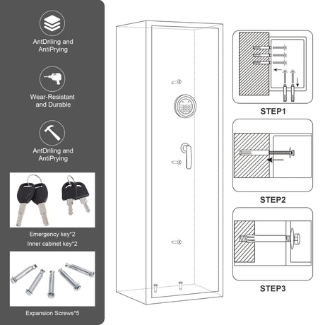 HEANVO 5 - Gun Safe Rifle, Long Gun Safe for Home Rifle and Pistols, Gun Safes & Cabinets with Drawer and Removable Shelf, Cabinet with Mute Function, Rifle Safe with LED Light HEANVO