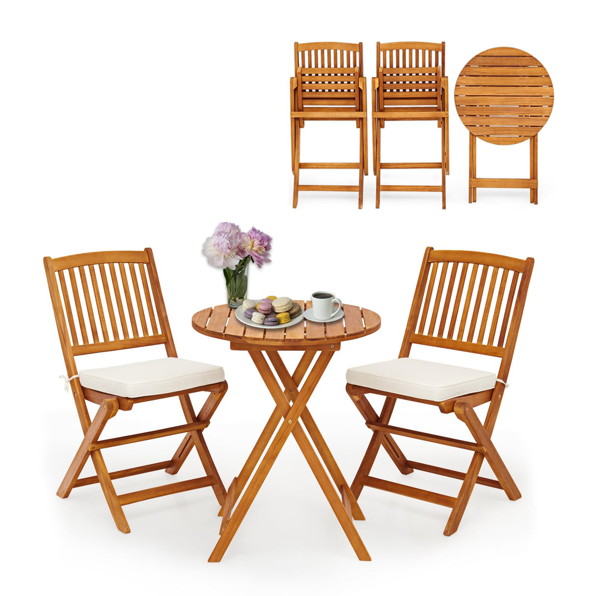 S AFSTAR 3 Pieces Patio Bistro Set, Acacia Wood Folding Bistro Set with Round Coffee Table & Padded Cushion, Outdoor Bistro Table and Chair Set of 2 for Patio, Balcony, Poolside & Porch (Beige) S AFSTAR