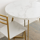 VECELO Round Dining Room Table with Wood Grain Tabletop and Steel Frame, for Kitchen, Living Room, Office, Conference, 2 to 4 Person, White & Gold VECELO