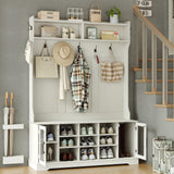 Furnihold 51.3'' Hall Tree, Off White Entryway Bench with Coat Rack, 10 Shoe Storage & 7 Coat Hooks & Adjustable Shelf, Glass Door Farmhouse Wooden Style Hall Tree with Shoe Storage Bench Furnihold