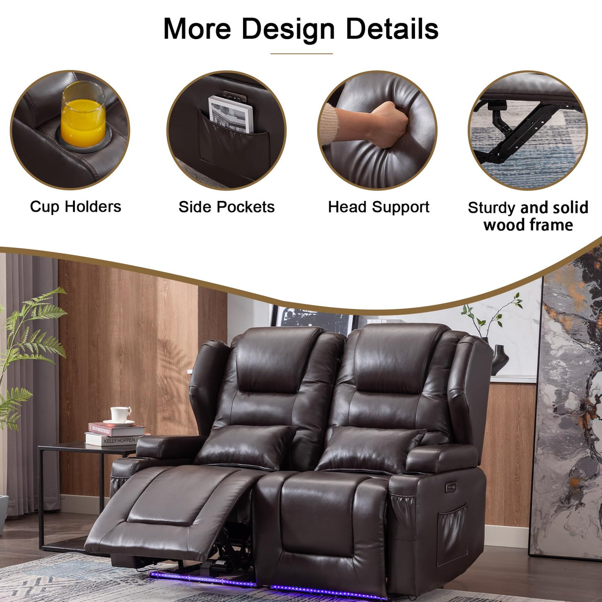 OQQOEE RV Reclining Loveseat, Power Recliner Sofa with Cup Holders & USB Ports, Theater Seating for Home Theater, Living Room, Small Spaces, Easy Assembly (Brown) OQQOEE