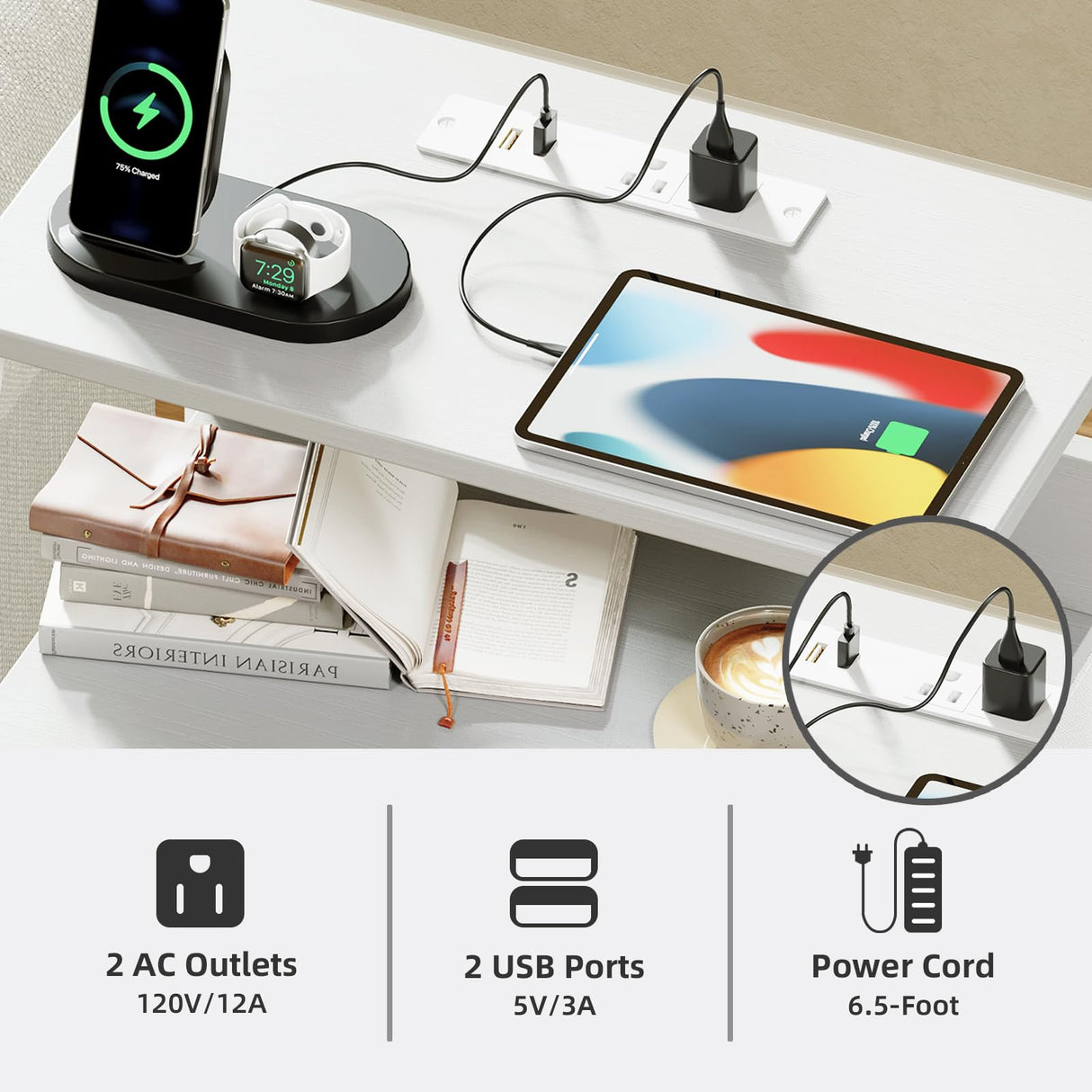 Somdot White Nightstand with Charging Station and LED Light for Bedroom, Tall 4 Drawers Dresser with Fabric Bins for Bedside Kids Dorm Room Closet Laundry Entryway, White Leather Somdot