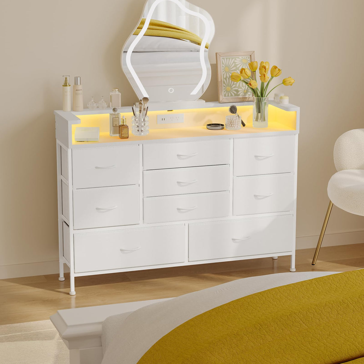 Fixwal White LED Dresser for Bedroom, Dresser with 9 Drawers and Charging Station, Fabric Chest of Drawers with PU Finish, Entryway, Living Room, Hallway Fixwal
