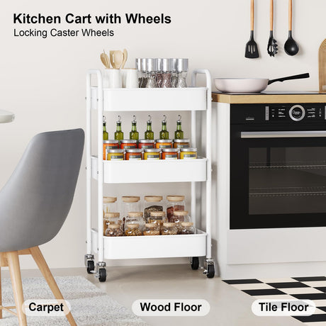 3 Tier Rolling Cart Metal, White Utility Cart with Lockable Wheels, Mesh Rolling Storage Cart Organizer on Wheels, Three Tiered Craft Cart for Kitchen, Bathroom, Office,Laundry Room, Art, Baby Diaper WBKATN