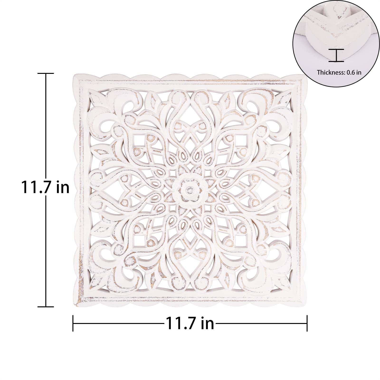 Wall Décor Art, Carved Wooden Wall Panel Hanging Decor, Decorative Carved Floral-Patterned Distressed White MDF Wall Panel for iving Room Bedroom, 12" x 12" - WoodArtSupply