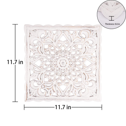 Wall Décor Art, Carved Wooden Wall Panel Hanging Decor, Decorative Carved Floral-Patterned Distressed White MDF Wall Panel for iving Room Bedroom, 12" x 12" - WoodArtSupply