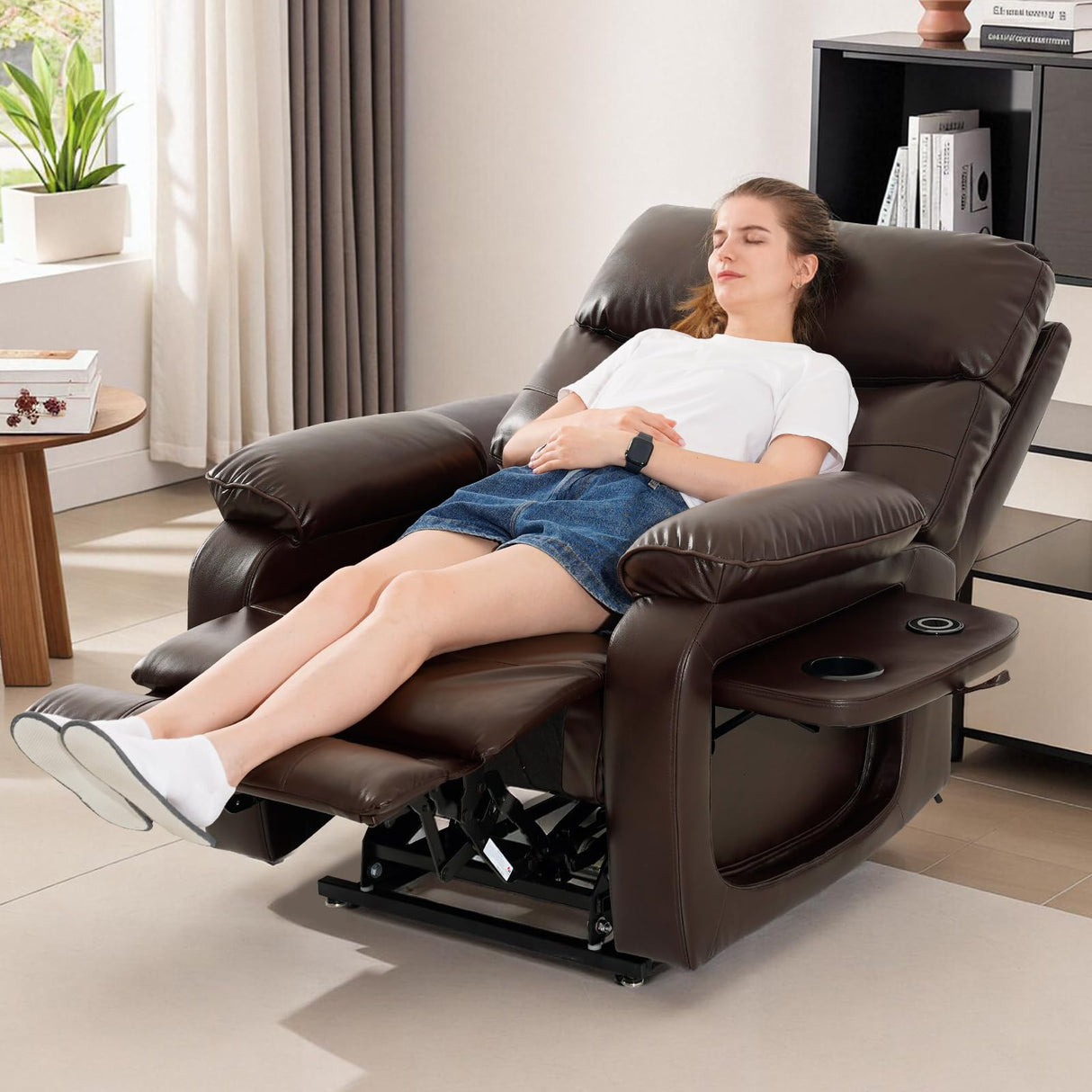 Dual Motor Power Lift Recliner Chair for Adult & Elderly, Infinite Position Lay Flat Lift Chair with Heat & Massage, Cup Holder, Lumbar Pillow, Wireless Charger, USB Ports, Leather (Brown) RESTREAL