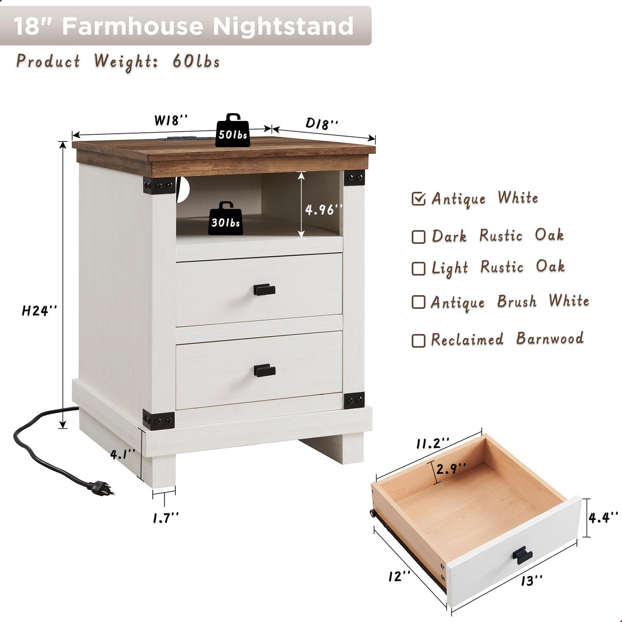 RedLemon Farmhouse Nightstand with Charging Station, 18" Rustic Night stand with 2 Storage Drawers, Wood End Table for Bedroom, Living Room, Antique White RedLemon