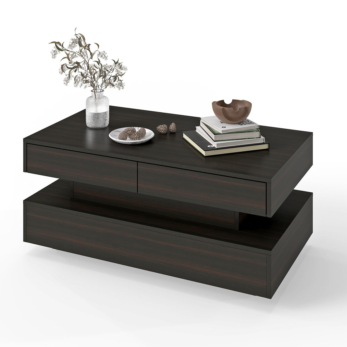 Coffee Table for Living Room, Modern Coffee Table with 2 Storage Drawers, 2 Tier Center Table Wood Coffee Tables with 20 Colors LED Lights, Mesa de Centro para Sala (Black and Brown) MWOOD