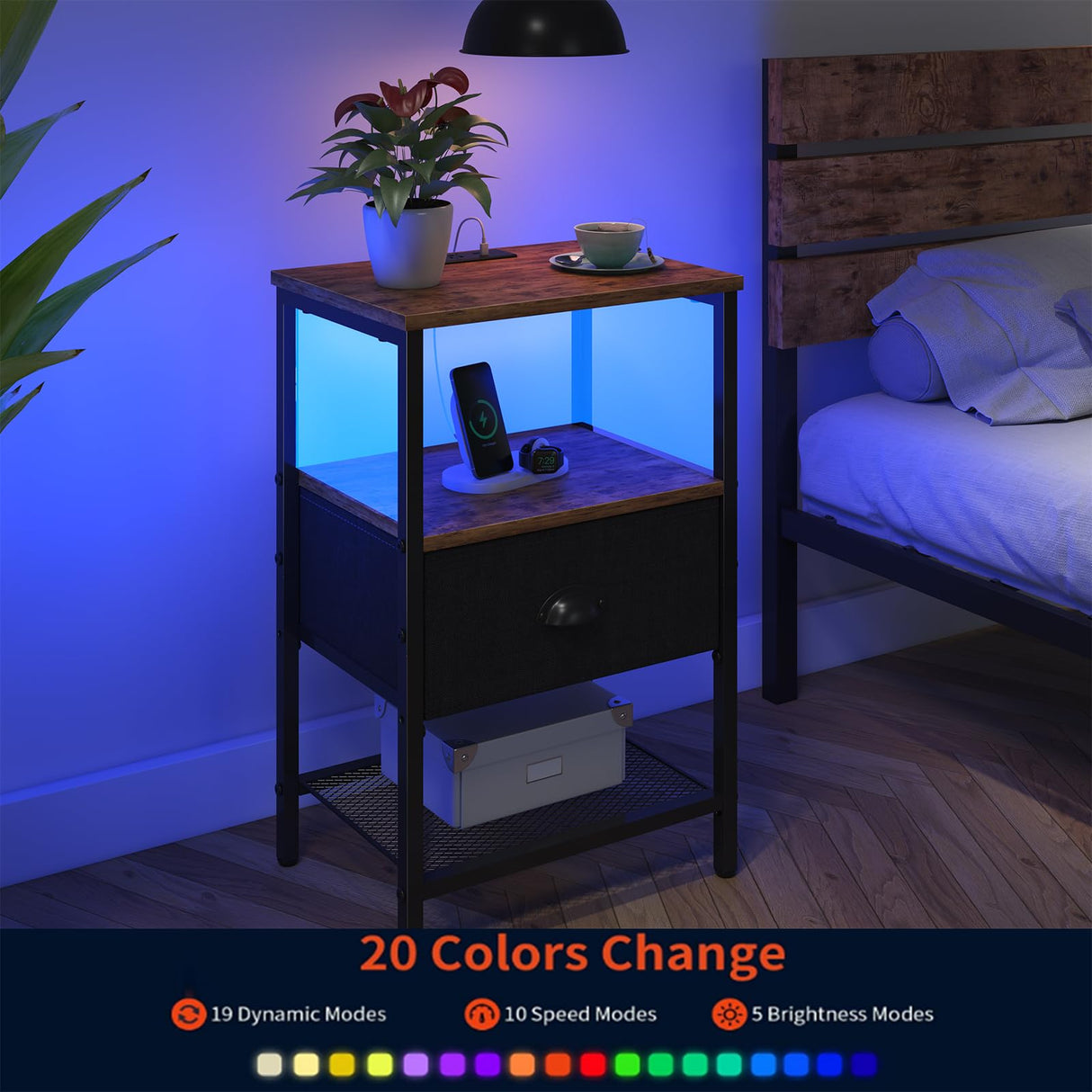 Sthmec Nightstands with Charging Station, LED Bedside Tables with Charging Station and Fabric Drawer, Night Stand with Storage, 3 Tier Side Table with Open Shelf,Nightstand Bedside Table,Rustic Brown WoodArtSupply