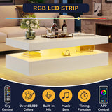 Breezestival 47" High-Glossy LED Coffee Table with 2 Sliding Drawers, Living Room Storage Coffee Tables, Modern Stylish Double-Layer Center Tables with LED Lights, White Breezestival