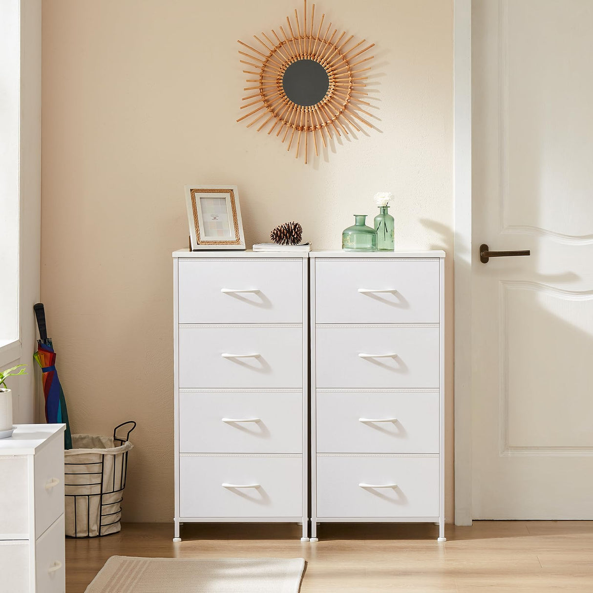 DUMOS Nightstand with 4 Drawers Bedside Table with Removable Fabric Bins Sturdy Steel Frame Wood Top Organizer Furniture for Bedroom Nursery Closet Living Room DUMOS