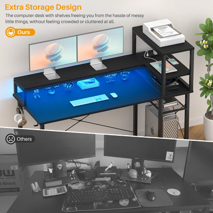 Cyclysio Gaming Desk 39", Computer Desk with Reversible Storage Shelves, Home Office Desk with Power Outlets & RGB Led Lights, Small Desk for Gaming, Studying, Working Black - WoodArtSupply