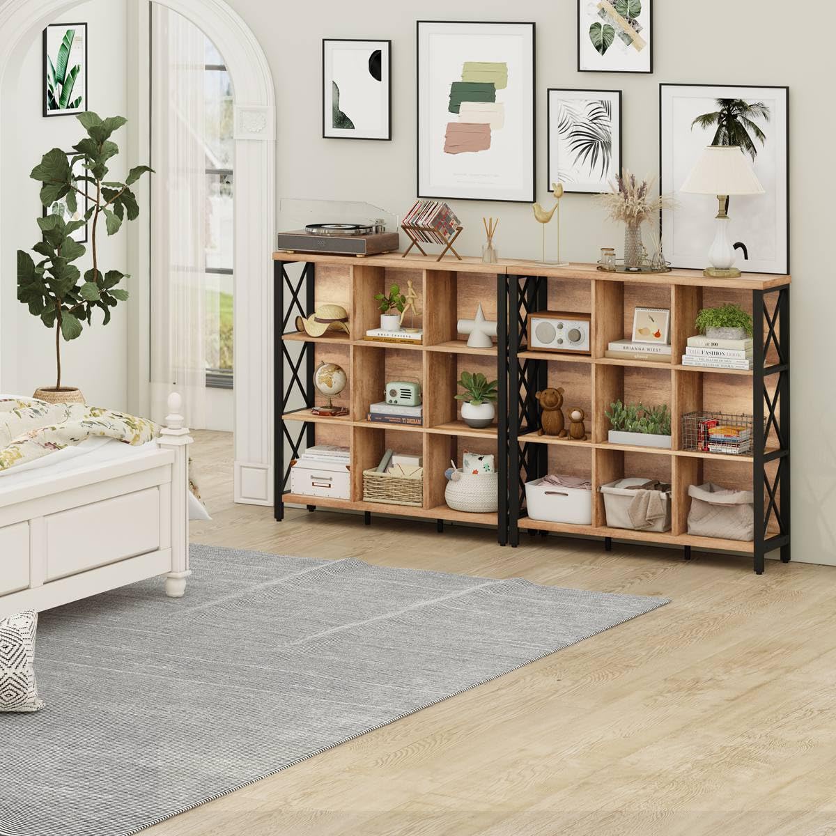 FATORRI 9 Cube Storage Bookshelf, Industrial 4 Shelf Book Shelf, Farmhouse Wood and Metal Cubby Bookcase for Home Office (39.37" W, Rustic Oak) FATORRI