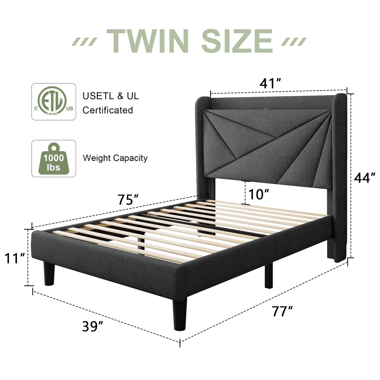 Feonase Twin Bed Frame, Upholstered Bed Frame with Charging Station, Wingback Storage Headboard, No Box Spring Needed, Noise-Free, Dark Gray Feonase