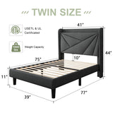 Feonase Twin Bed Frame, Upholstered Bed Frame with Charging Station, Wingback Storage Headboard, No Box Spring Needed, Noise-Free, Dark Gray Feonase
