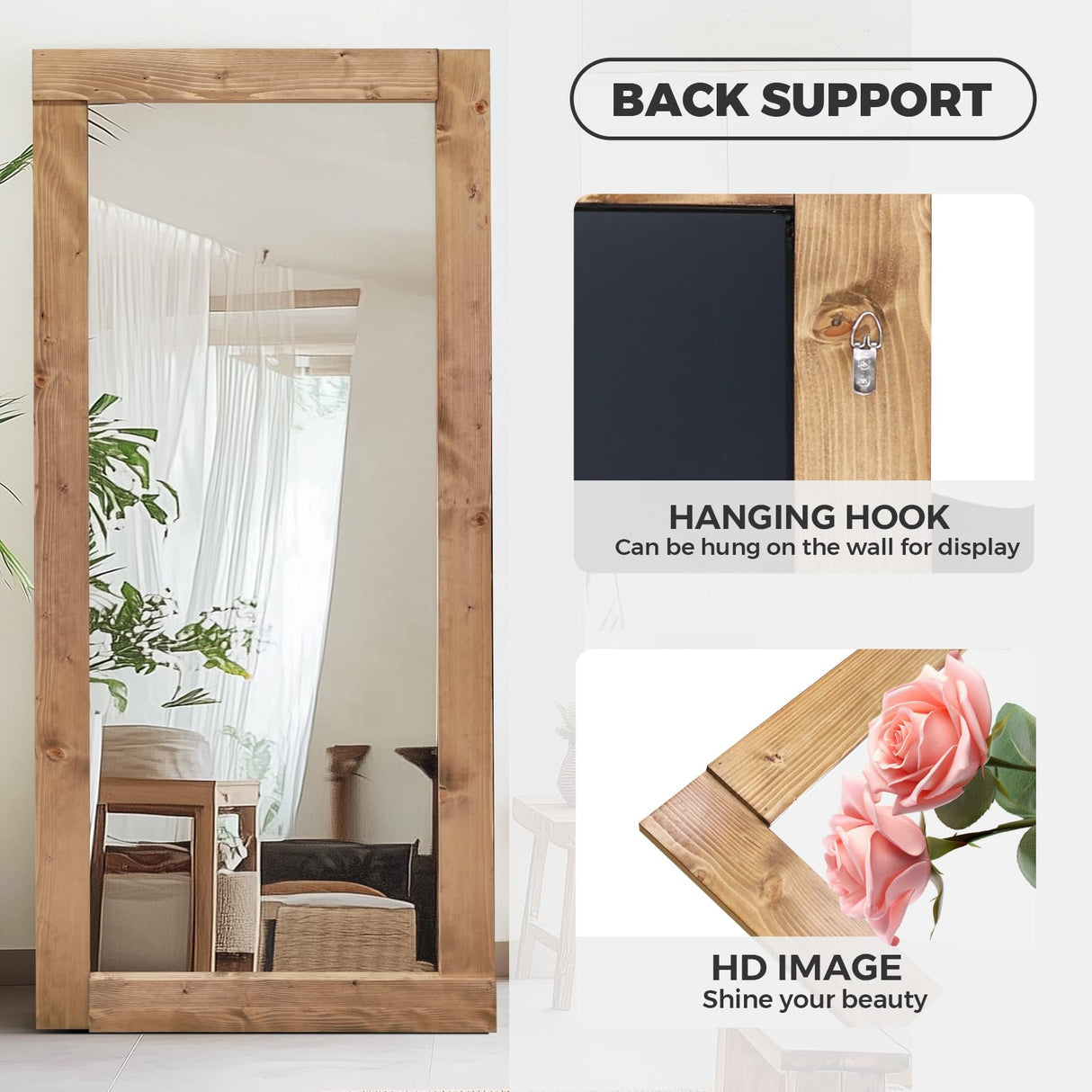 ABSWHLM Full Length Mirror 71"x32" – Solid Wood Frame, HD Tempered Glass, Wall Mounted & Leaning, Rustic Modern Decor for Bedroom, Living Room, Entryway, Light Brown ABSWHLM