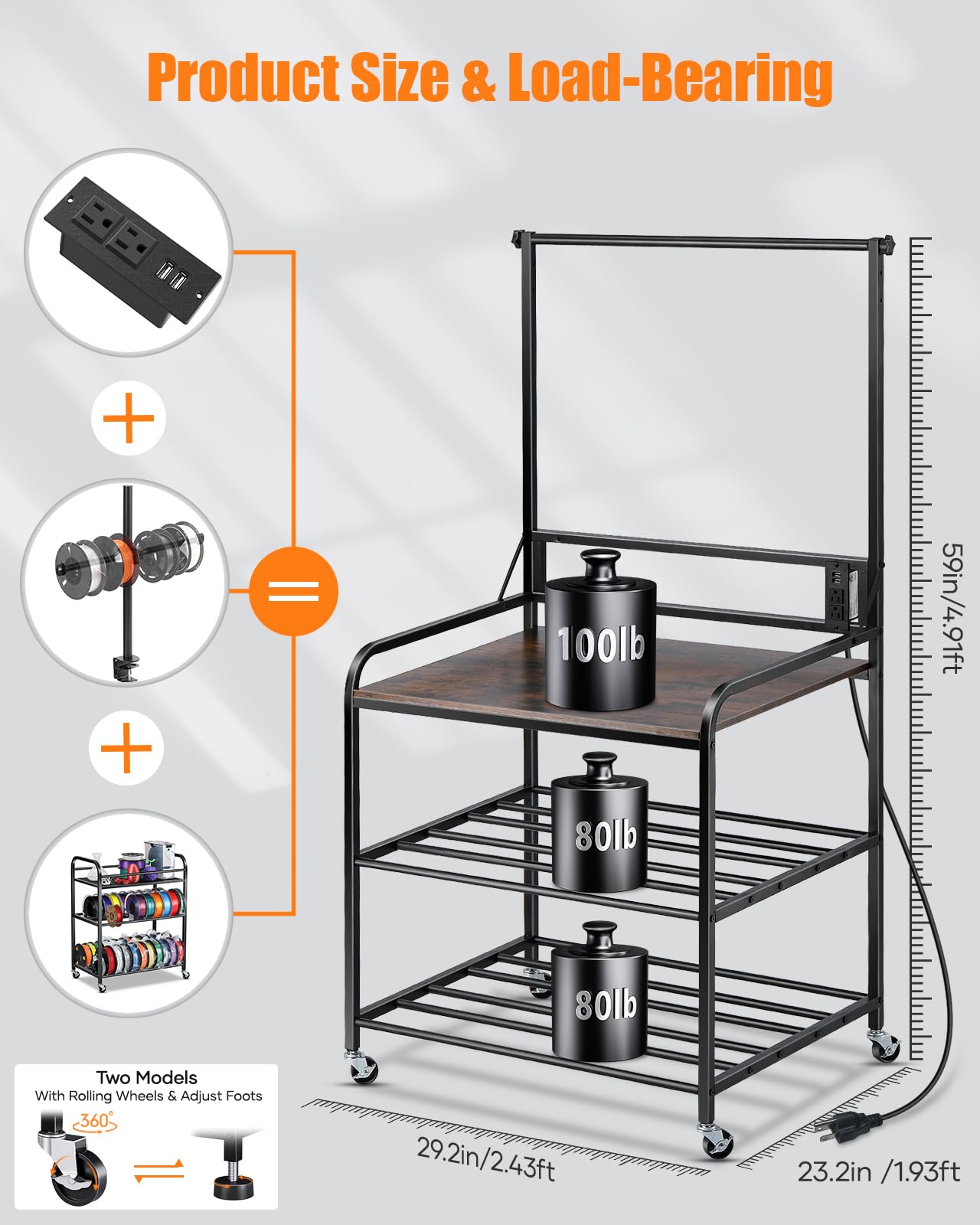 AHOWPD 3D Printer Rack Filaments Storage - Rolling 3d Printing Stand Filament Organizer, Spools Holder Racks Cart with Wheels, Heavy Duty Shelf Hold Spool PLA, ABS, PETG for Garage Office Workshop