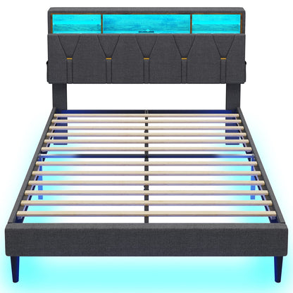 ADORNEVE Queen Bed Frame with USB Ports & Outlets, LED Bed Frame Queen Size with Shelf Storage Headboard, Upholstered Platform Bed with LED Lights, Solid Wood Slats, Stable Structure, Dark Gray
