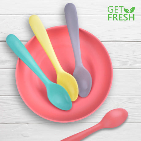 GET FRESH Bamboo Kids Spoons Set – 4-pack Colorful Bamboo Kids Cutlery for Everyday Use – Reusable Bamboo Fiber Kids Spoons for Baby Feeding – Large Bamboo Utensils for Toddlers and School Children GET FRESH