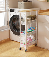 Giwil Slim Rolling Storage Cart 4 Tier Bathroom Organizer Mobile Shelving Unit Utility Cart with Wood Top and Handle for Kitchen Laundry Narrow Places, White Giwil