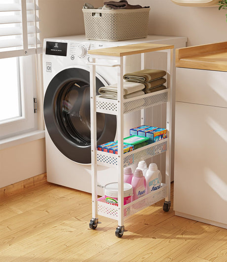 Giwil Slim Rolling Storage Cart 4 Tier Bathroom Organizer Mobile Shelving Unit Utility Cart with Wood Top and Handle for Kitchen Laundry Narrow Places, White Giwil
