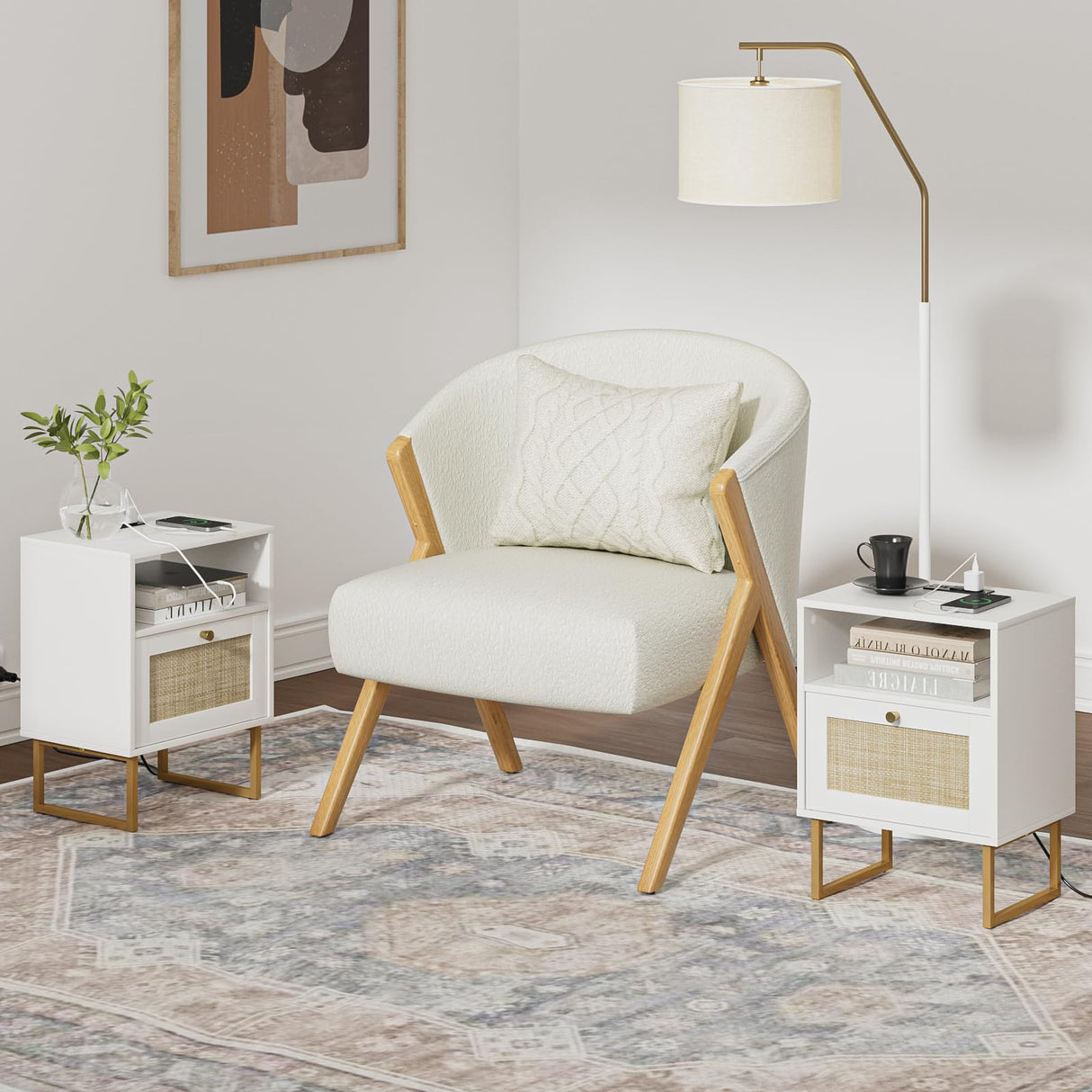 Masupu Rattan Nightstand with Charging Station,Modern Boho Farmhouse Wood Bedside Table with Storage Drawer and Open Shelf,Small Gold Frame Side End Table for Bedroom,Living Room,Office White Masupu