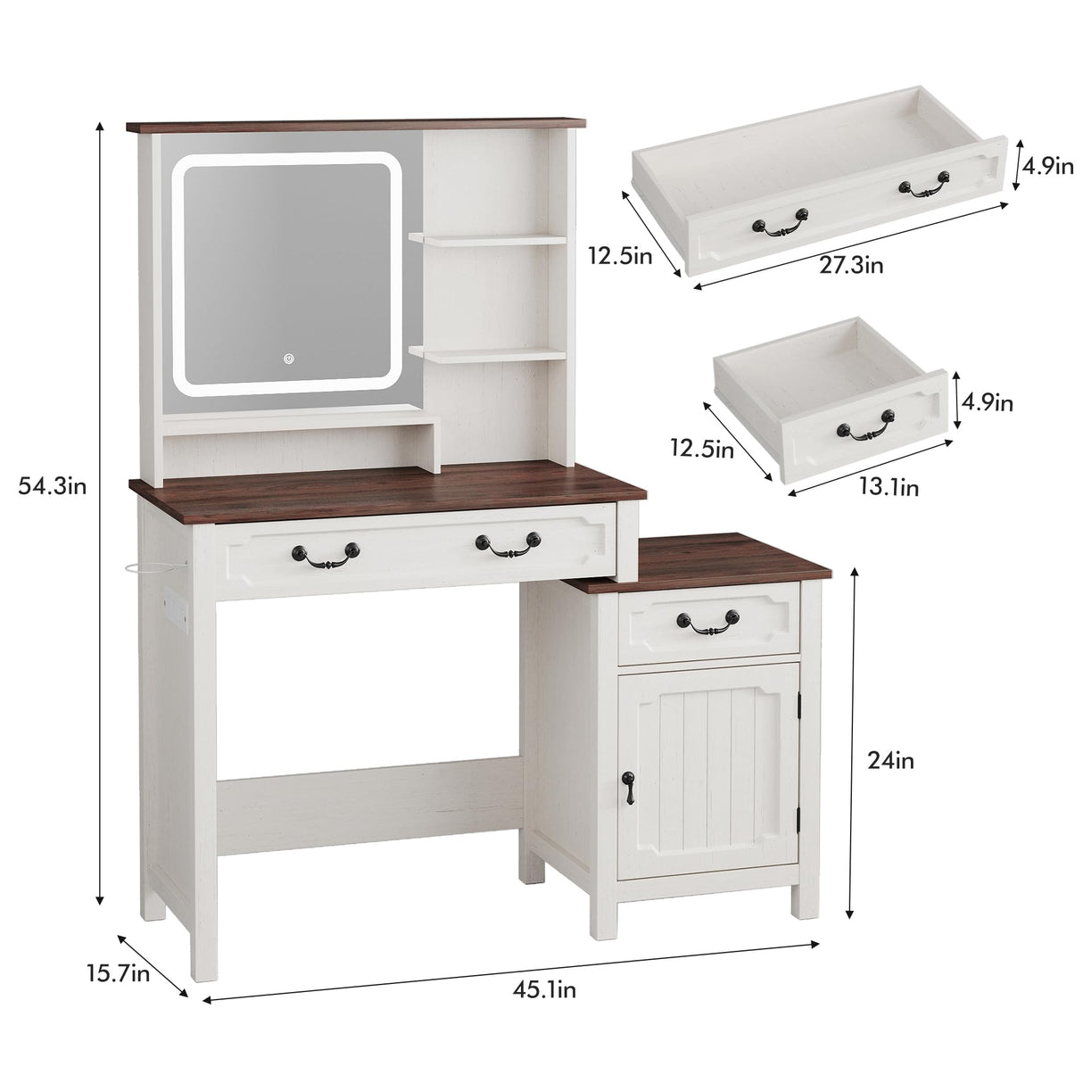 Maupvit Farmhouse Makeup Vanity Desk with LED-Light Mirror with Charging Station and Bedside Table ，3 Lighting Color Adjustable，White Vanity Desk Set with Large Drawers for Bedroom Maupvit