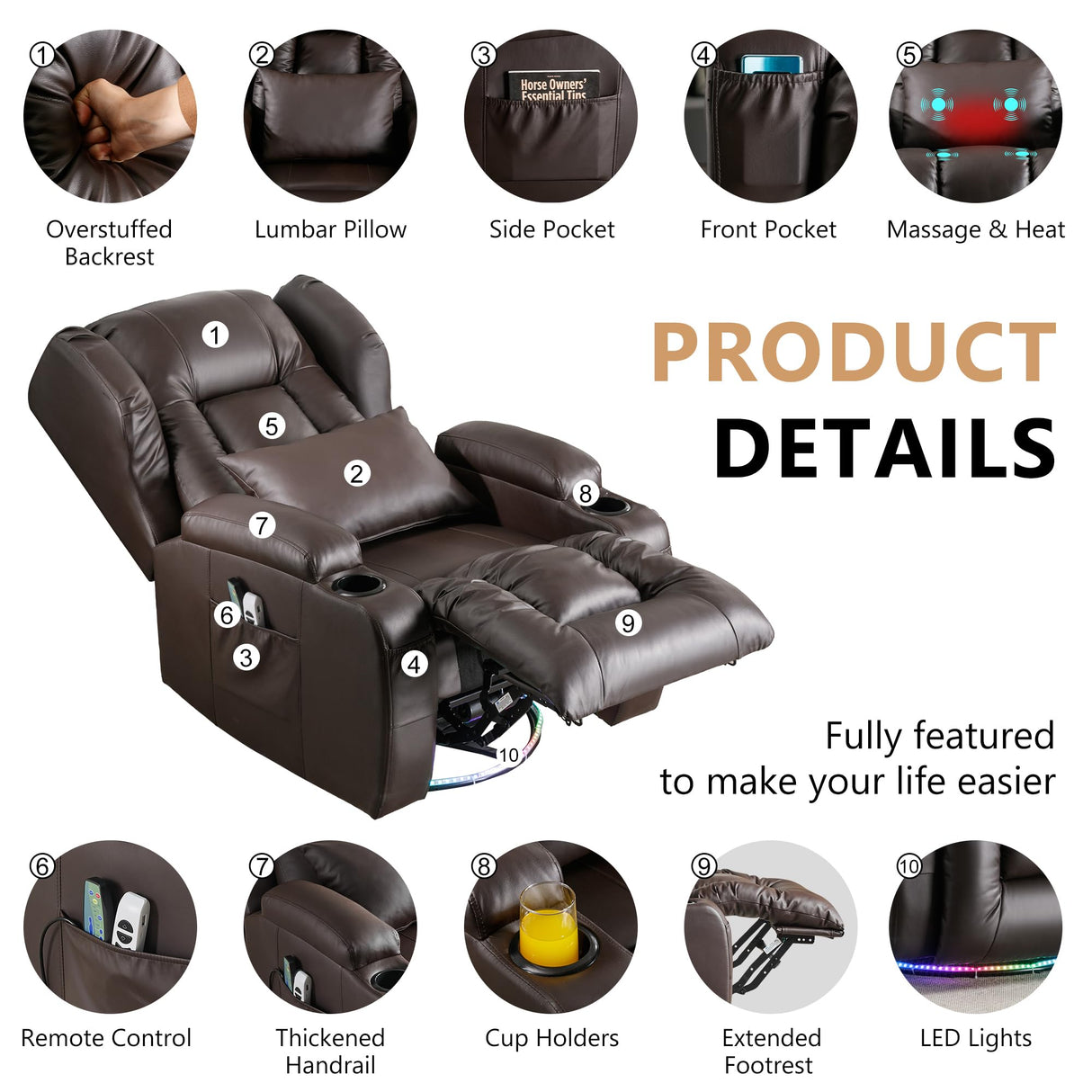 DRMBOOK Power Swivel Rocker Recliner Chairs, Electric Wall Hugger Reclining Sofa with Massage & Heat for Adults, Comfy Theater Seating Single Chair with LED Light/USB/Type-C Ports (Leather Brown) DRMBOOK