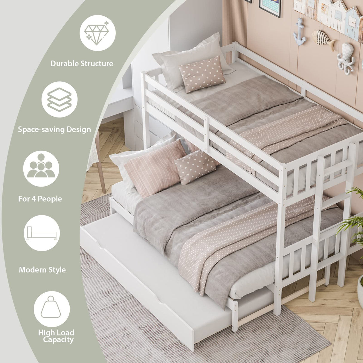 KOTEK Pull-Out Bunk Bed with Trundle, Twin Over Full, Twin Over 2 Twins Bunk Bed with Ladder & Safety Rails Accommodate 4 People, Detachable Solid Wood Bunk Bed for Kids, Adults (White) KOTEK