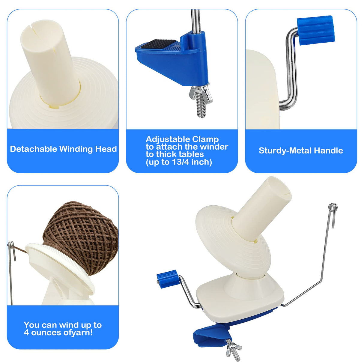 LAMXD Needlecraft Yarn Ball Winder Hand Operated,Capacity 4-Ounce,Blue,Portable Package,Easy to Set Up and Use,Sturdy with Metal Handle and Tabletop Clamp,Including 8 Sizes Crochet Hooks Set LAMXD