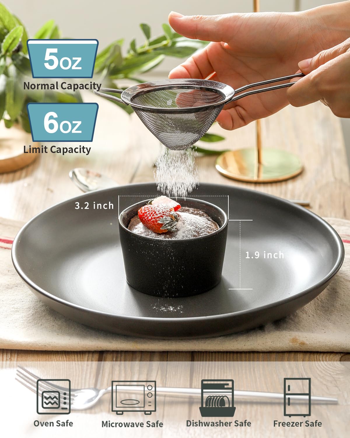 Tikooere Ramekins 6 oz, Oven Safe Soufflé Dishes for Creme Brulee, Souffle, Pudding, Lava Cake, Stoneware Custard Cups for Baking, Ceramic Sauce Bowls Set of 6, Kitchen Decor Gift, Matte Black Tikooere