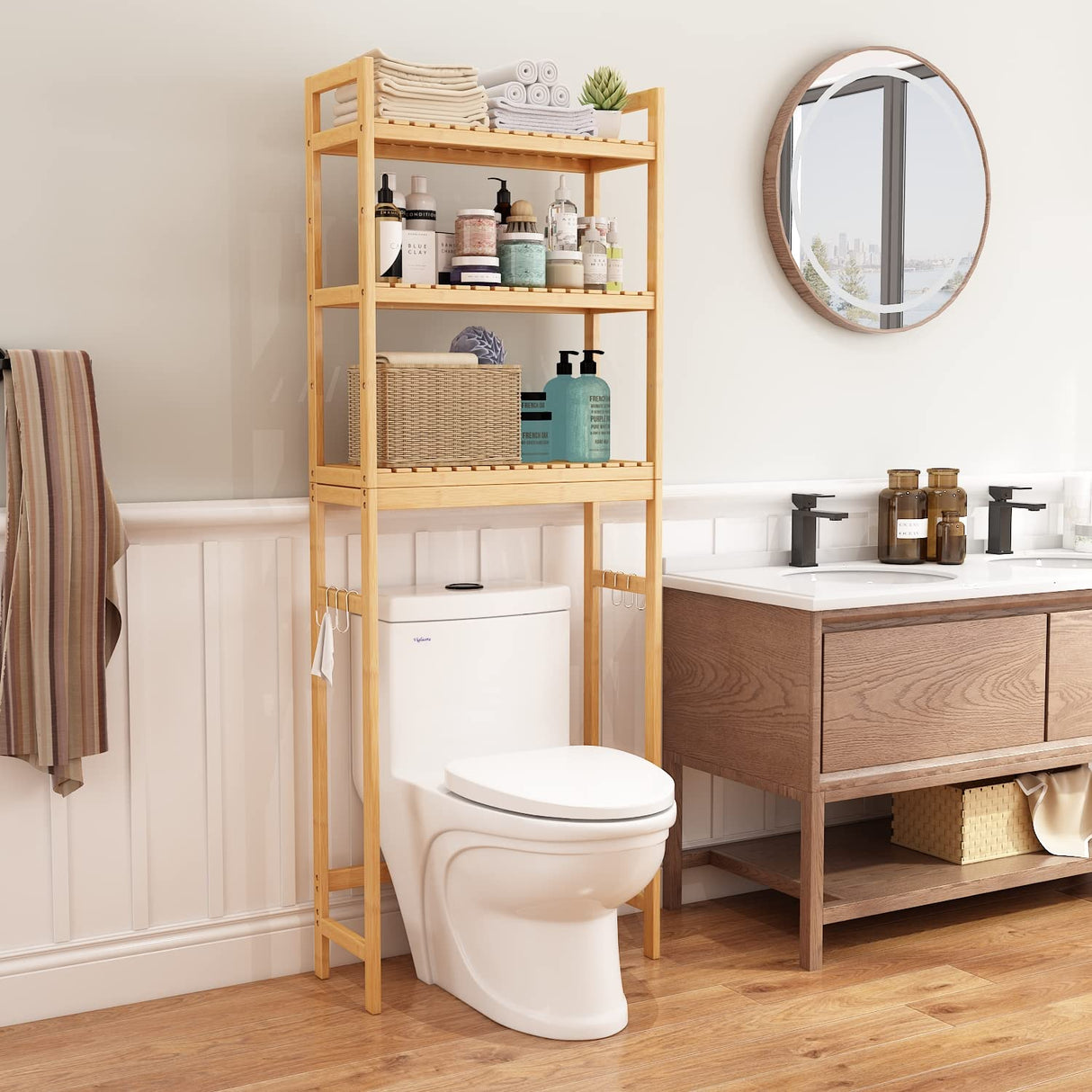 HITOMEN 3-Tier Bamboo Over The Toilet Storage Cabinet with Adjustable Shelves and Hooks HITOMEN