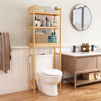 HITOMEN 3-Tier Bamboo Over The Toilet Storage Cabinet with Adjustable Shelves and Hooks - WoodArtSupply